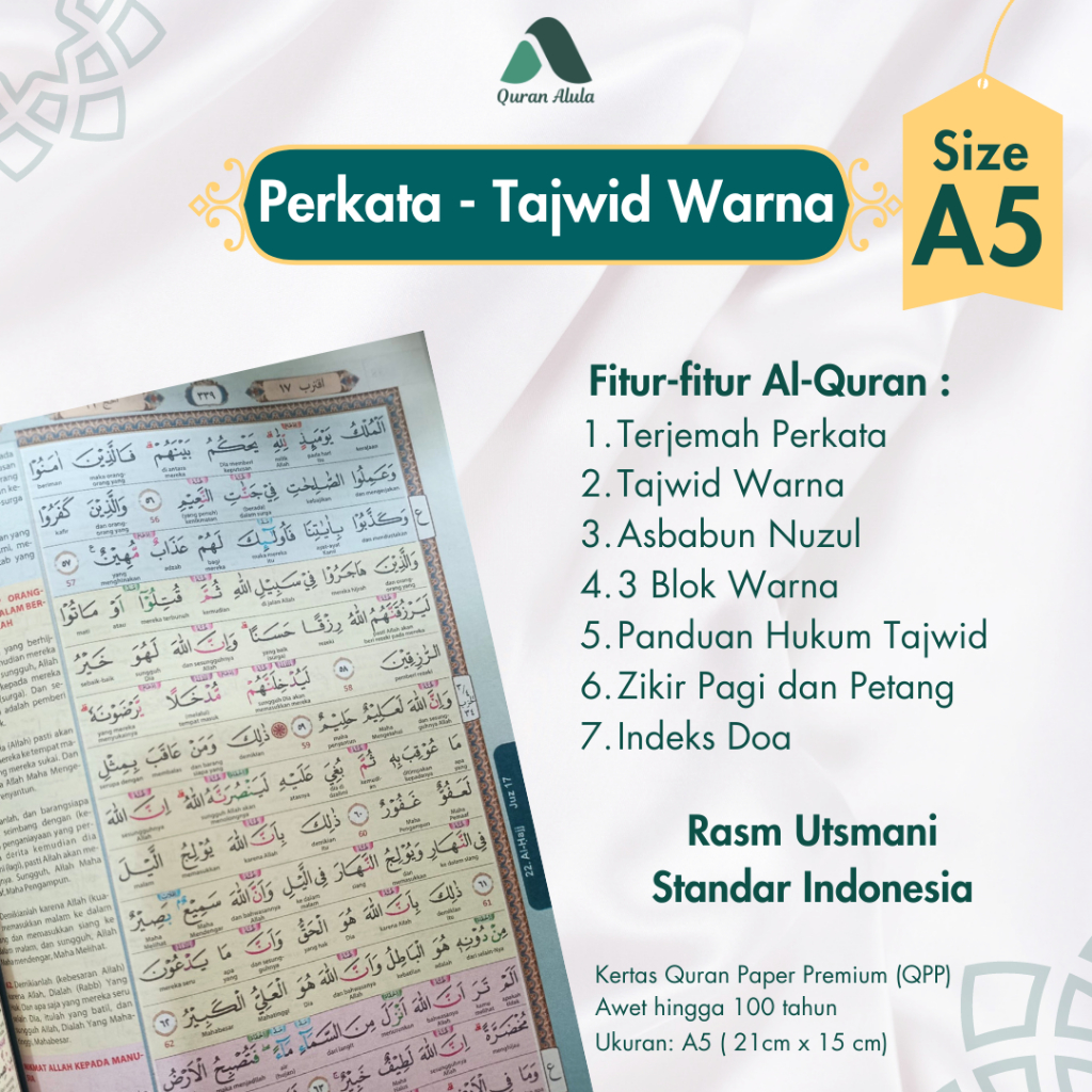 AlQuran Hafalan Custom Nama Modern Utsmani Madinah Quran Wakaf Terjemah Tajwid Warna Blok Warna A5