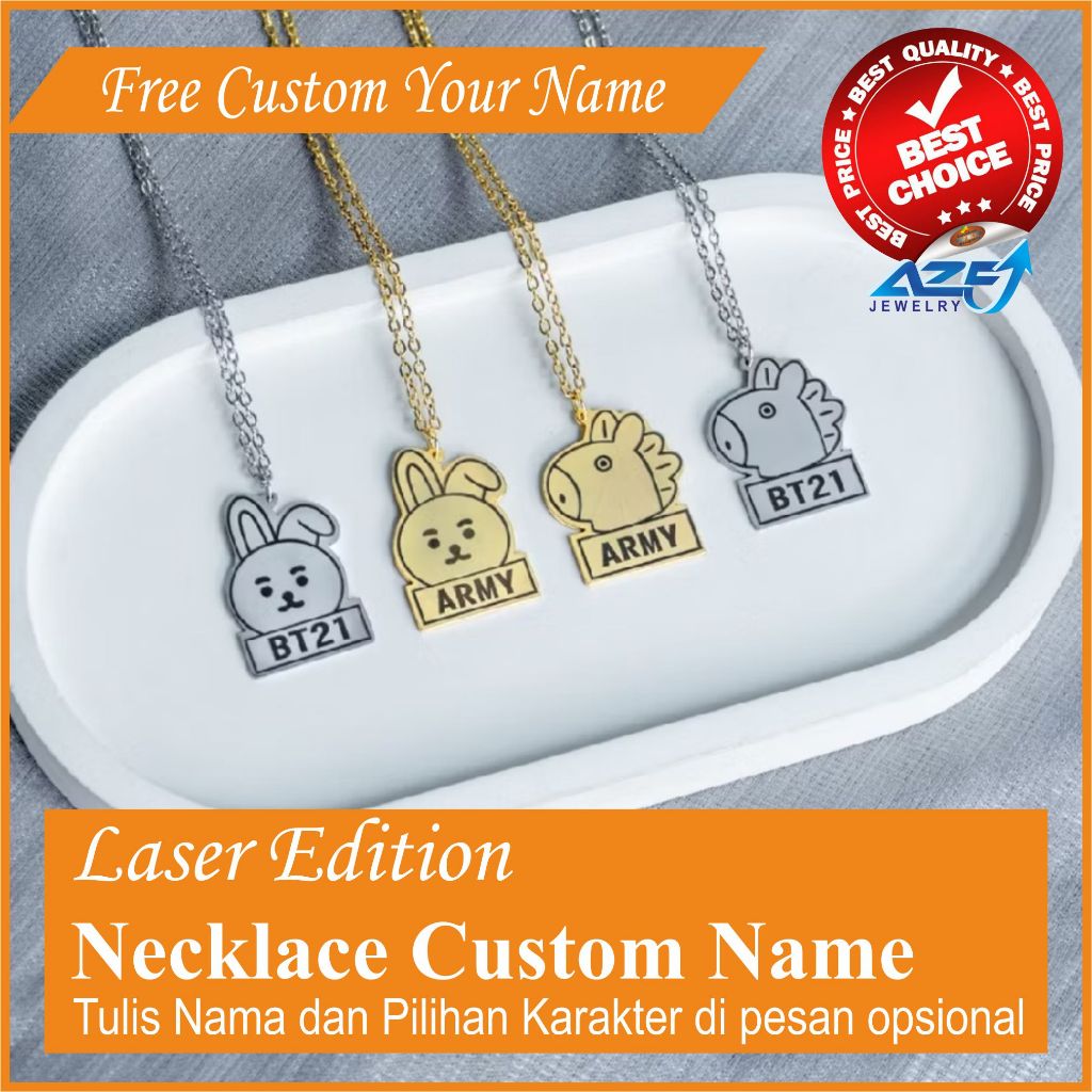 AZE  Necklace Custom Name - Kalung Logo Ukir Karakter BT21 Bts Korea Aksesoris Tiitanium Trendy