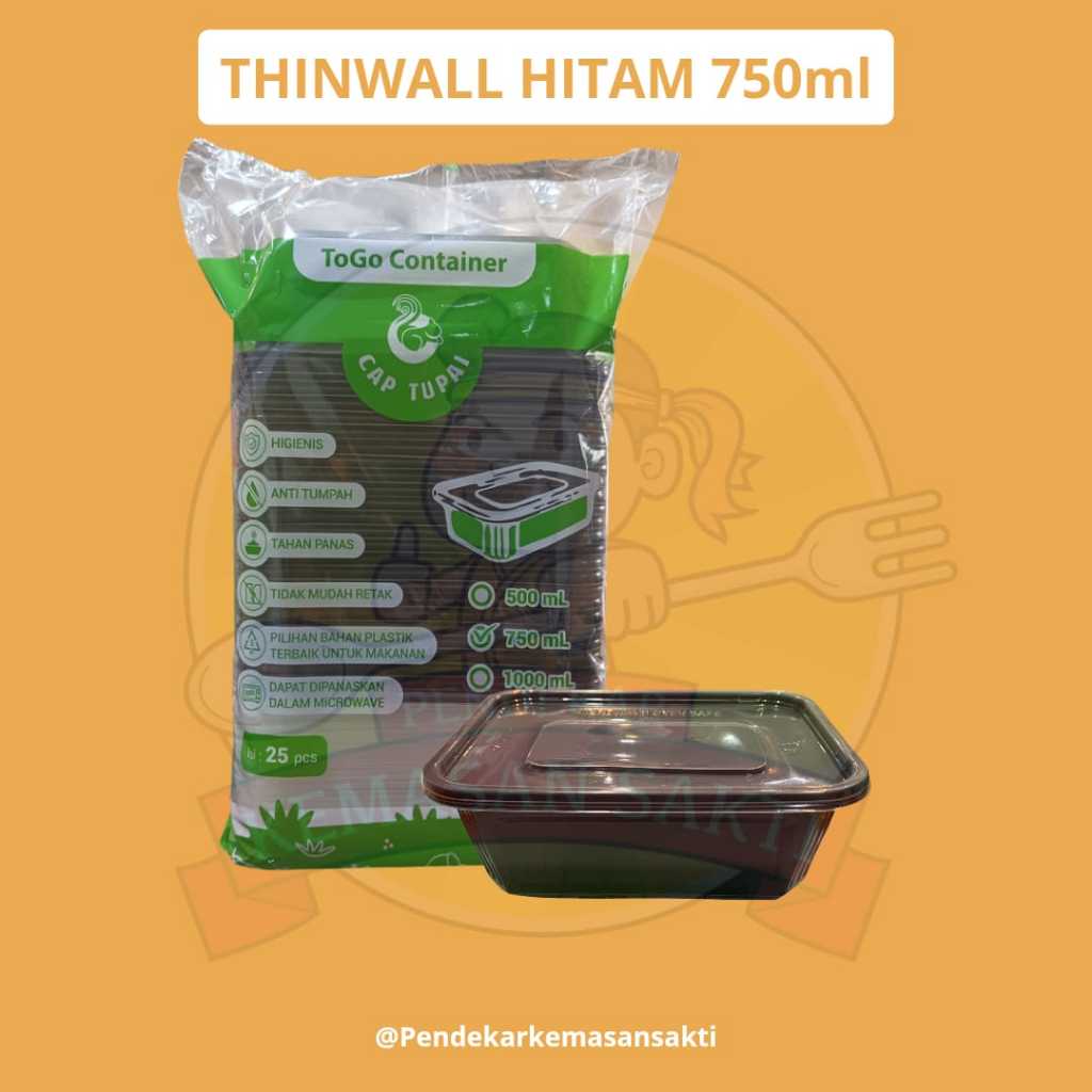 Thinwall TUPAI Hitam 500 - 750 - 1000 ml Persegi / Food Container Rectangular Black 500 ml / Kotak