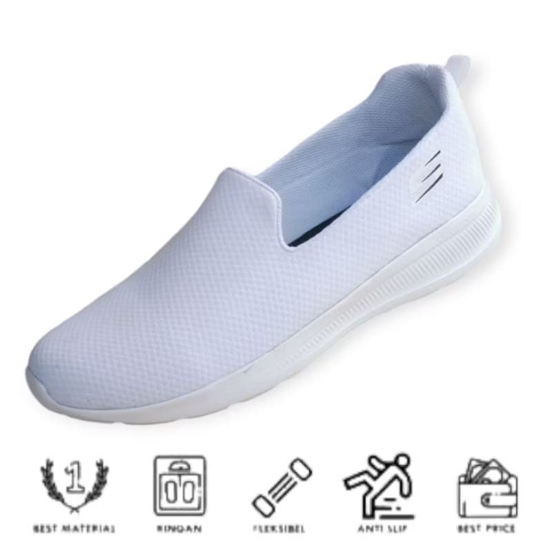 Sepatu Skecher Slip On Full White // Sepatu Slop Pria Wanita Putih