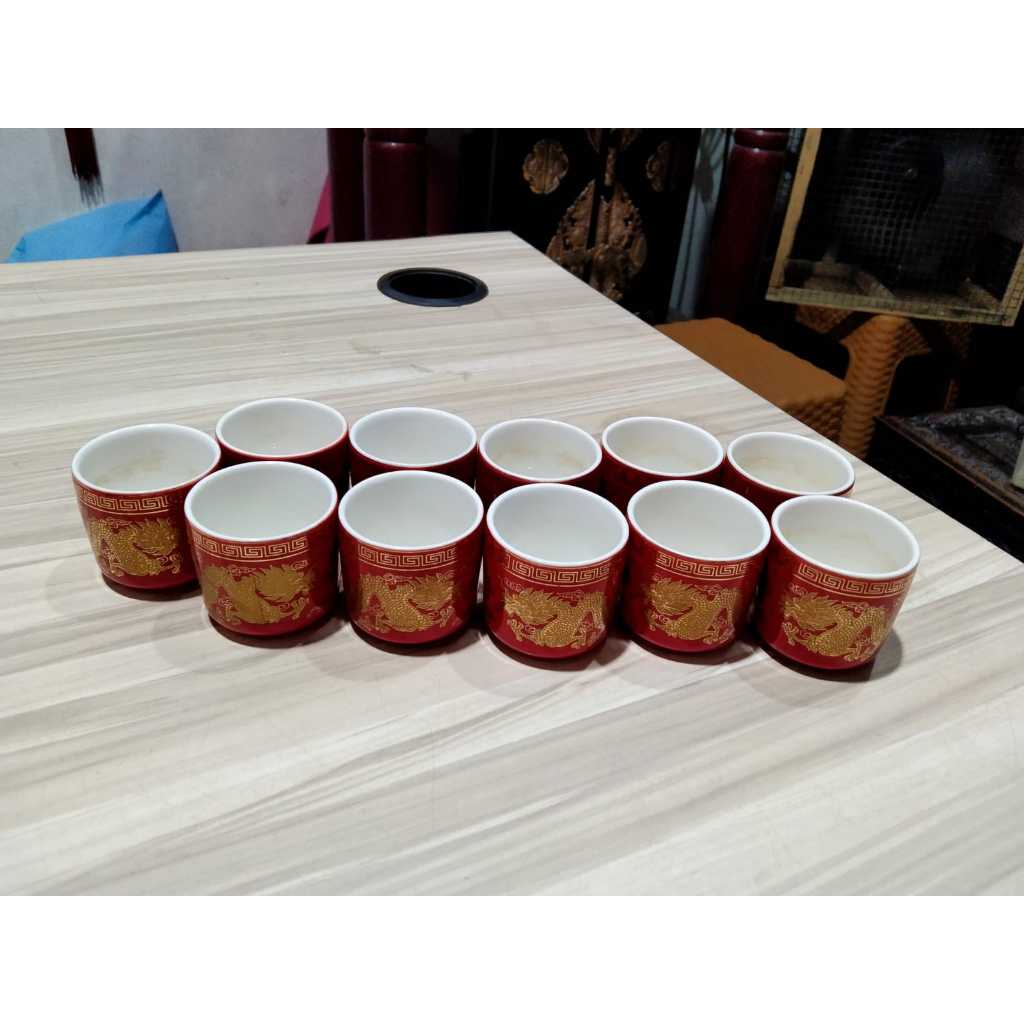 Gelas Sembayang Keramik Naga 11pc Kuno Jadul Antik