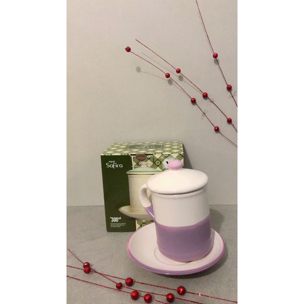 (MS013) Gelas Mug Keramik Tutup Safira Set / Mug, Tatakan, dan Tutup / Gelas Mug Set Hadiah