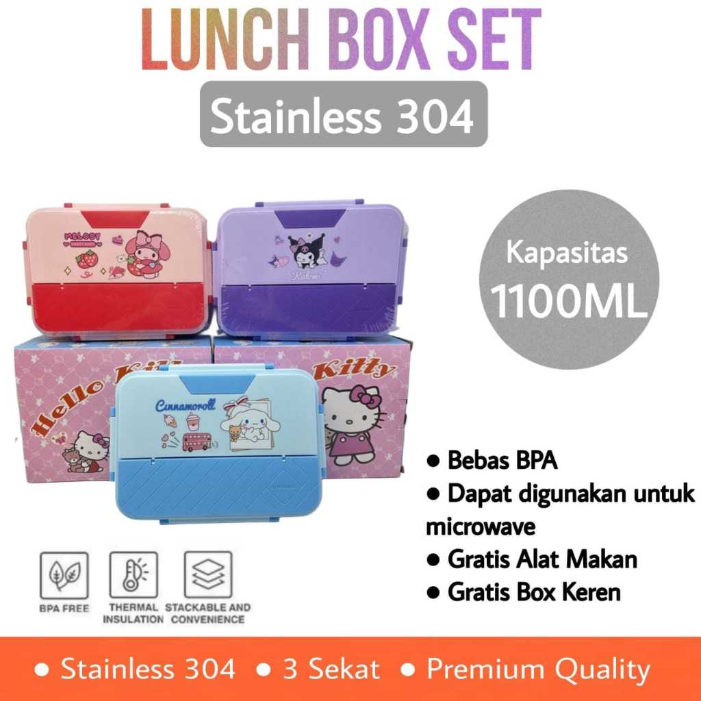 LUNCH BOX SET ANAK SEKOLAH BAHAN STAINLESS BPA FREE 1100ML/ KOTAK MAKAN/ KOTAK BEKAL ANAK 3 SEKAT