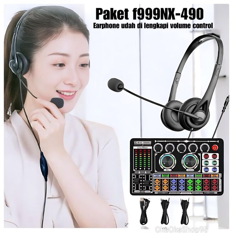 Kimiso F999+NX490 Set Paket Sound Card Plus Headphone Peralatan Alat Live Streaming atau Bernyanyi s