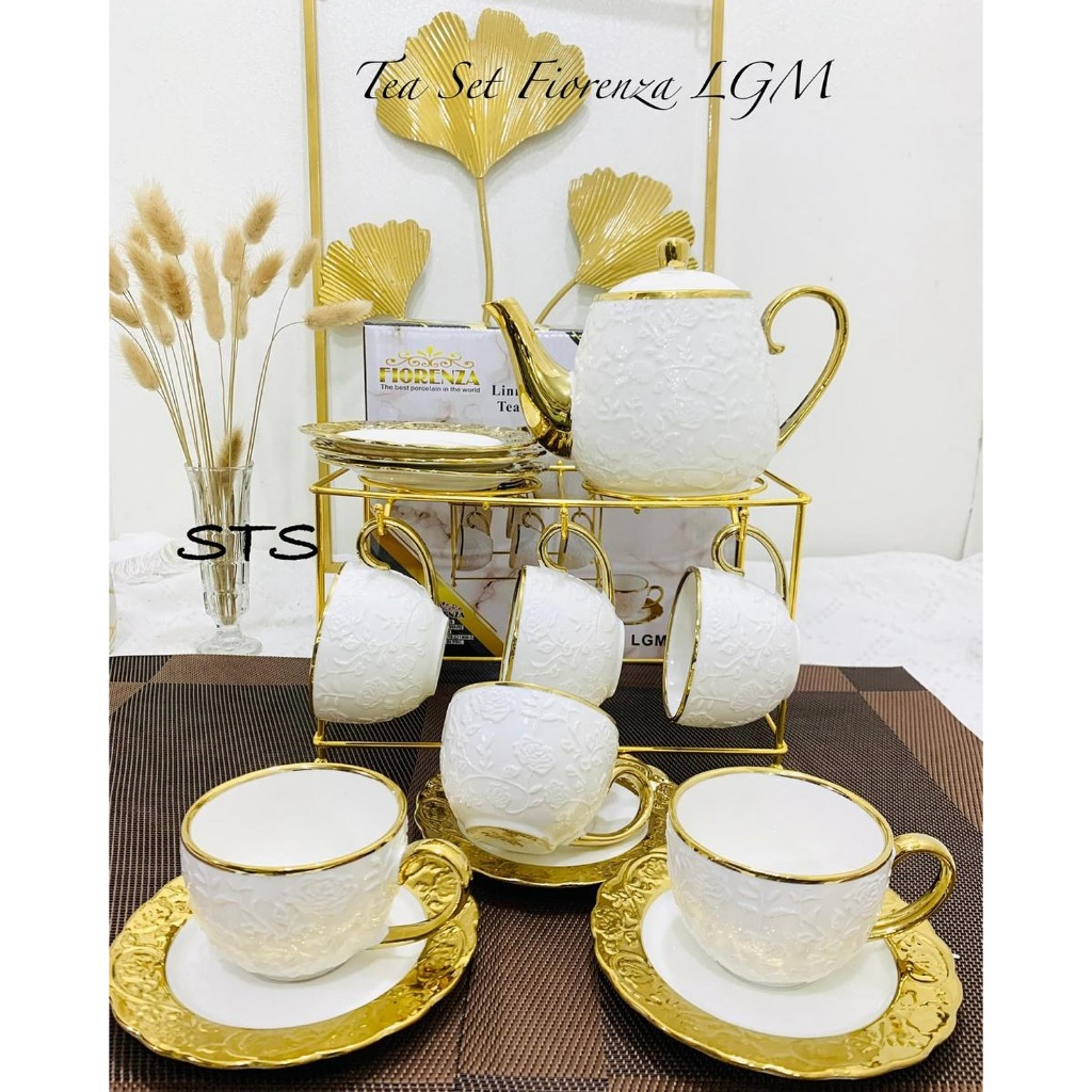 Cangkir Set Tea Set Gelas Rak Teh Kopi Motif Lis Gold Timbul Fiorenza LGM-822