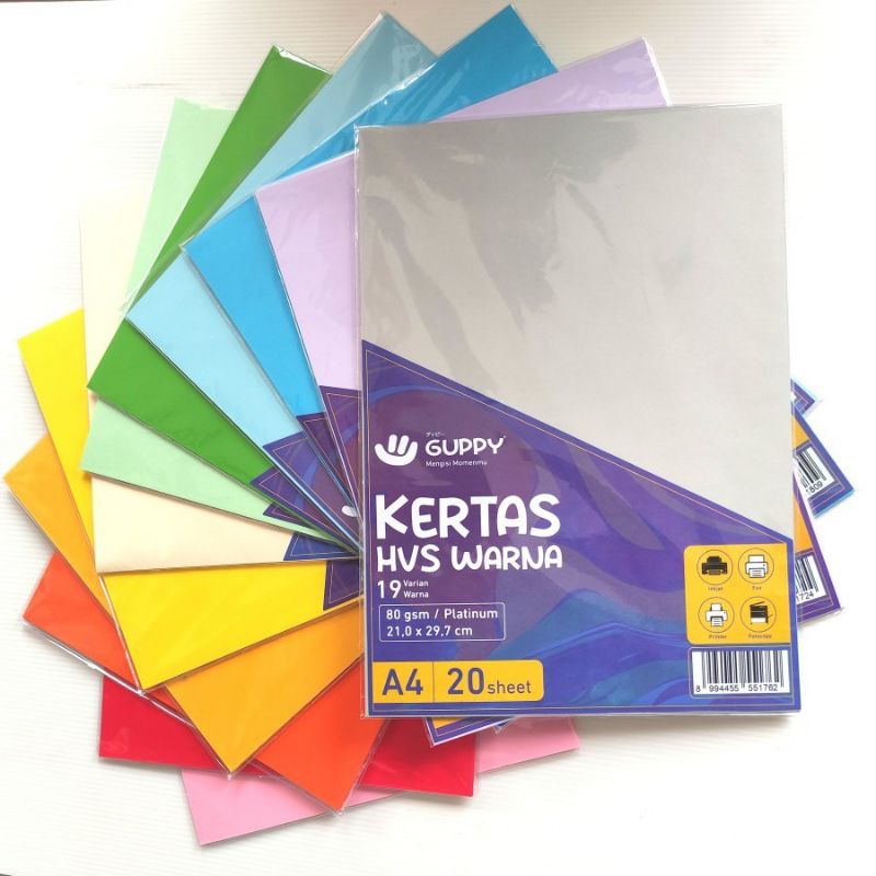 

KERTAS HVS BERWARNA MEREK GUPPY KERTAS PRINT UKURAN A4 80 GSM 1PACK ISI 20 LEMBAR KERTAS WARNA