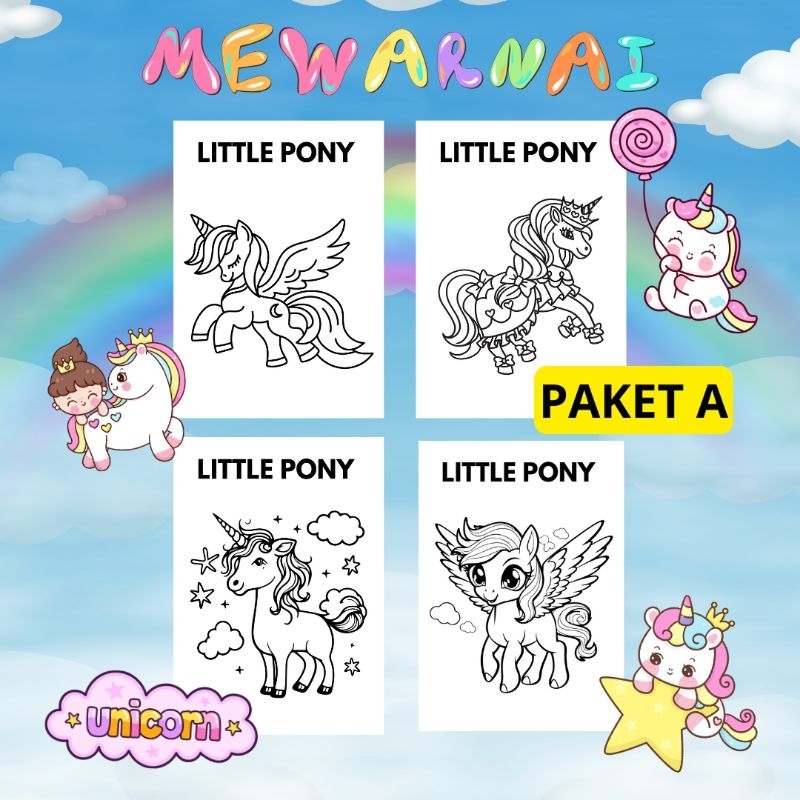 KERTAS MEWARNAI / KERTAS GAMBAR / GAMBAR LITTLE PONY/ KERTAS MEWARNAI ANAK PAUD TK SD/A4