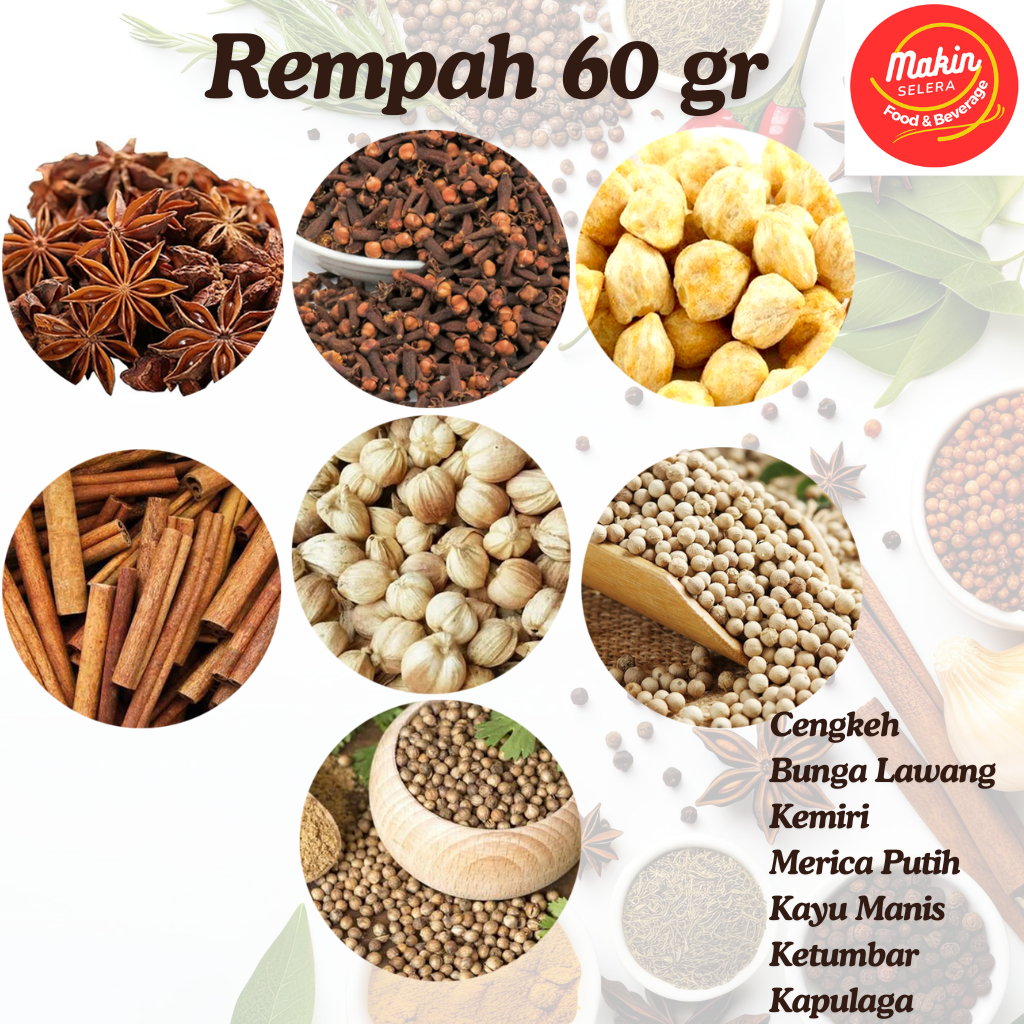 

Aneka Rempah Bumbu Asli 60 gr Rempah Hemat 60 gr ( Biji Lada Putih, Cengkeh, Kemiri, Ketumbar, Bunga Lawang, Kapulaga Dan Kayu Manis )