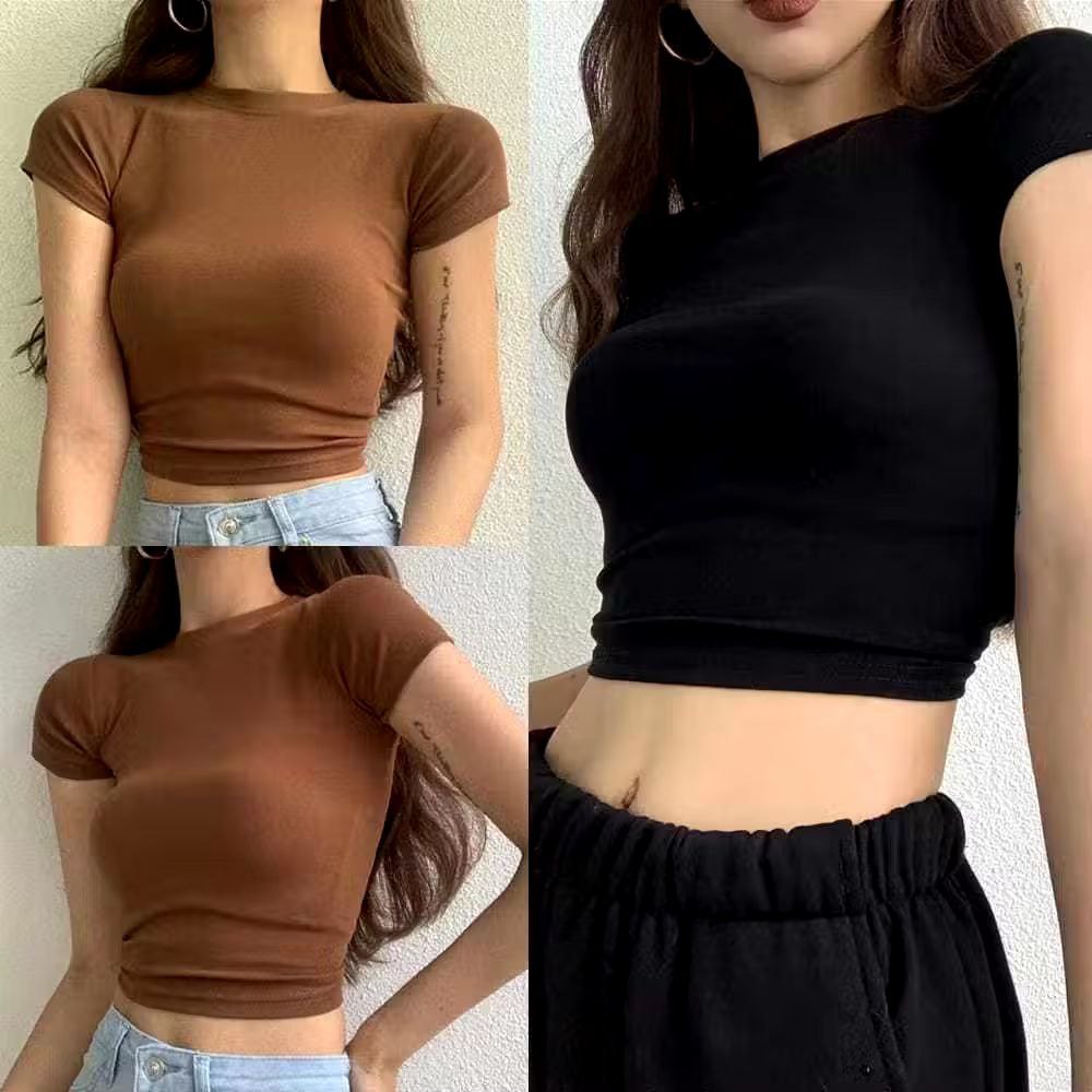 Kaos crop top turtle neck atasan wanita polos Tshirt Basic Polos Double layer premium