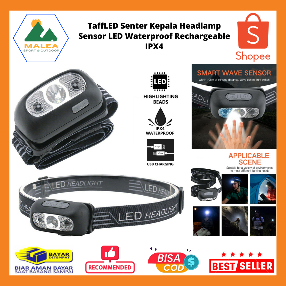 Senter Kepala Headlamp Sensor LED Waterproof Rechargeable IPX4 / Lampu Senter Sensor Super Terang