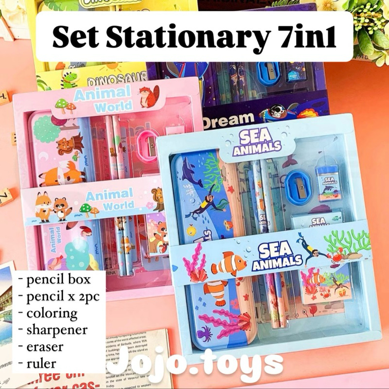 

Stationery set 7in1 - perlengkapan alat tulis anak - pencil box pencil coloring ruler eraser sharpener - kotak pensil alat gambar penghapus - peratalan alat tulis sekolah TK Paud - souvenir ulang tahun - hampers - doraemon - kuromi - spiderman - unicorn