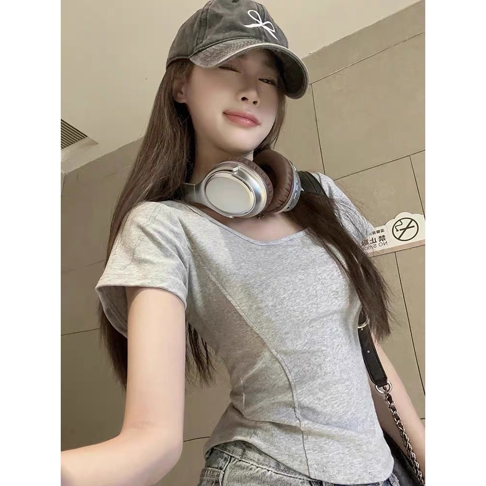 Atasan crop leher persegi wanita Kaos crop elastis ketat Korea lengan pendek kaos polos wanita