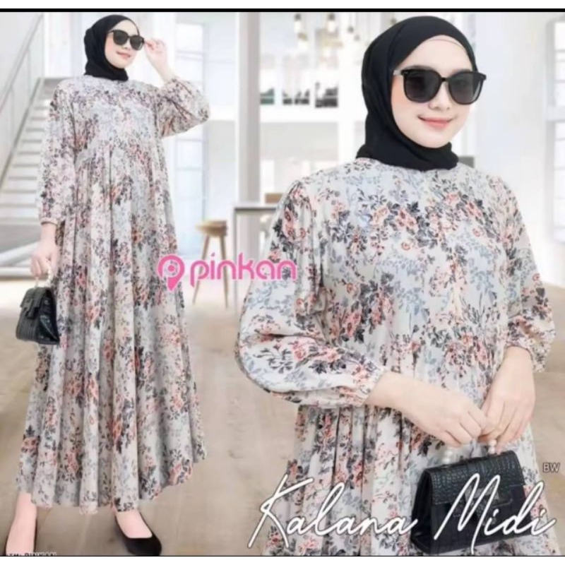 Midi Dress Muslim Kekinian Dress Rayon Motif Bunga
