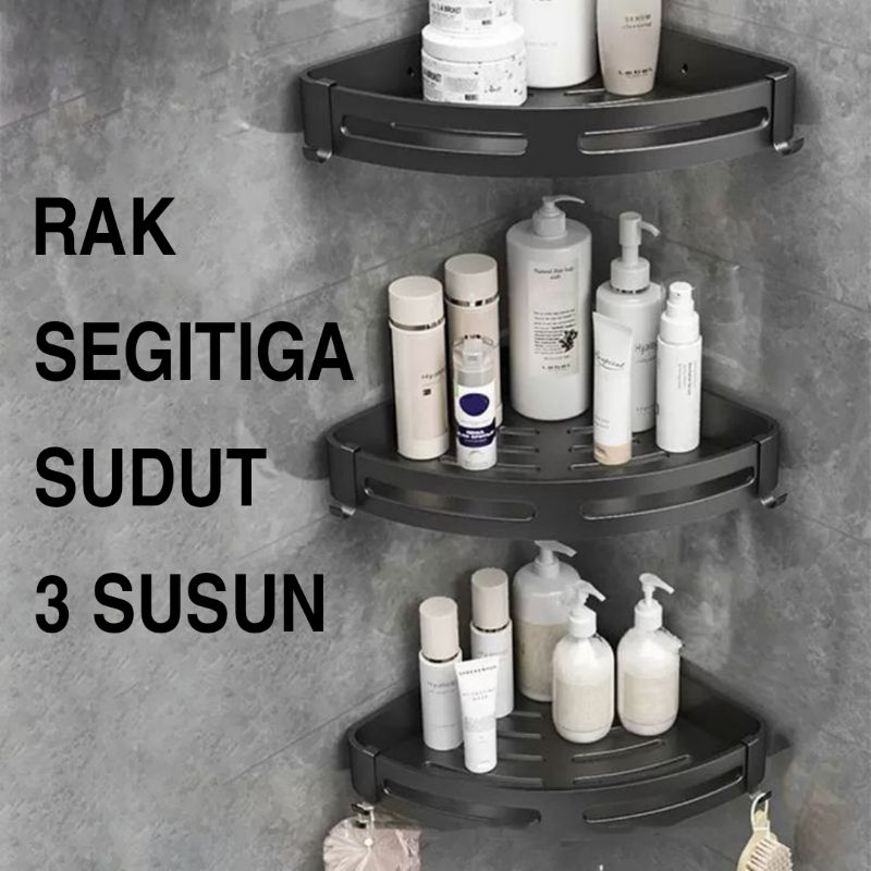 Rak Sudut Segitiga 3 susun Kamar Mandi Stainless Hitam Rak Tempat Sabun Kamar Mandi Rak Kosmetik