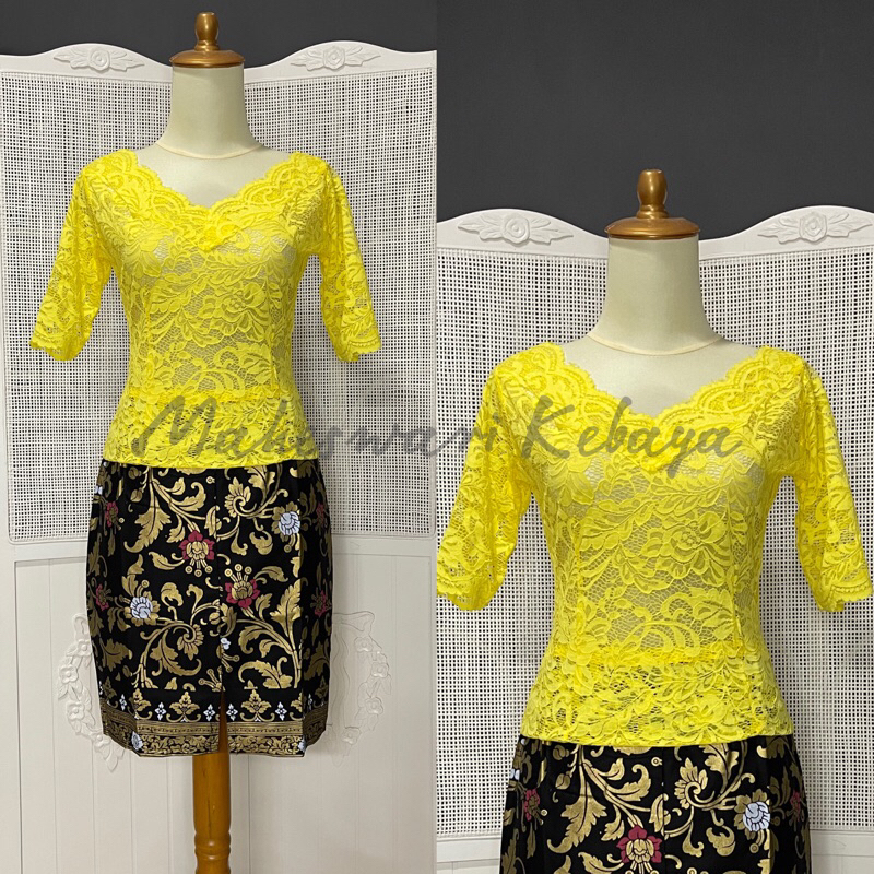 Kebaya Bali Set Sabrina Pendek Kuning Rok Pendek