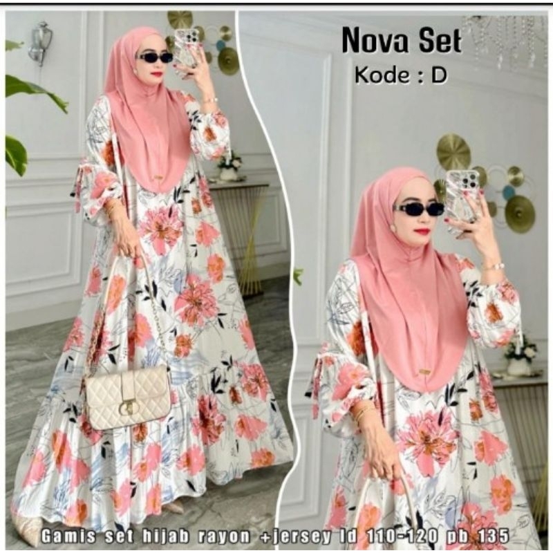 KODE A// Nova Set Gamis Set Hijab Bergo non pet Gamis Rayon Motif Bunga Gamis Rempel Gamis Muslimah 