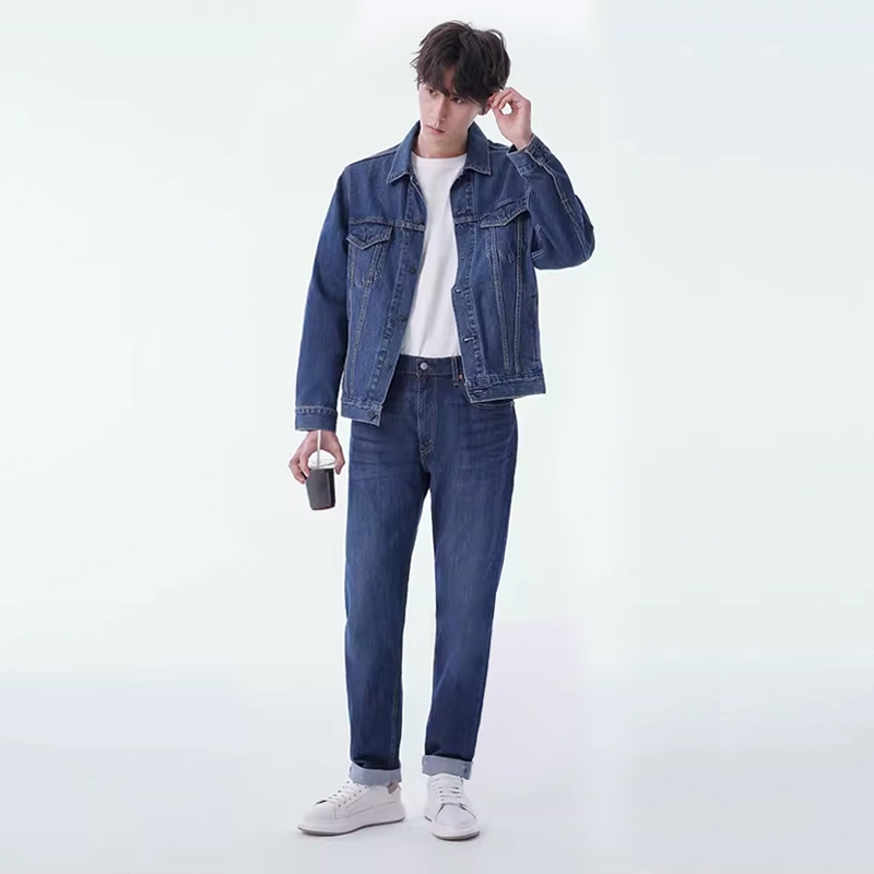 Celana jeans pria celana jeans longgar lurus gaya Korea