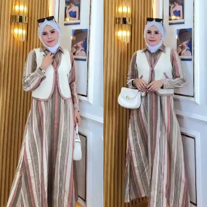 Gamis Rompi Alia 6030 2052 dan Cardigan Pisah Fashion Muslim Wanita Motif Garis Kotak Dengan Bahan K