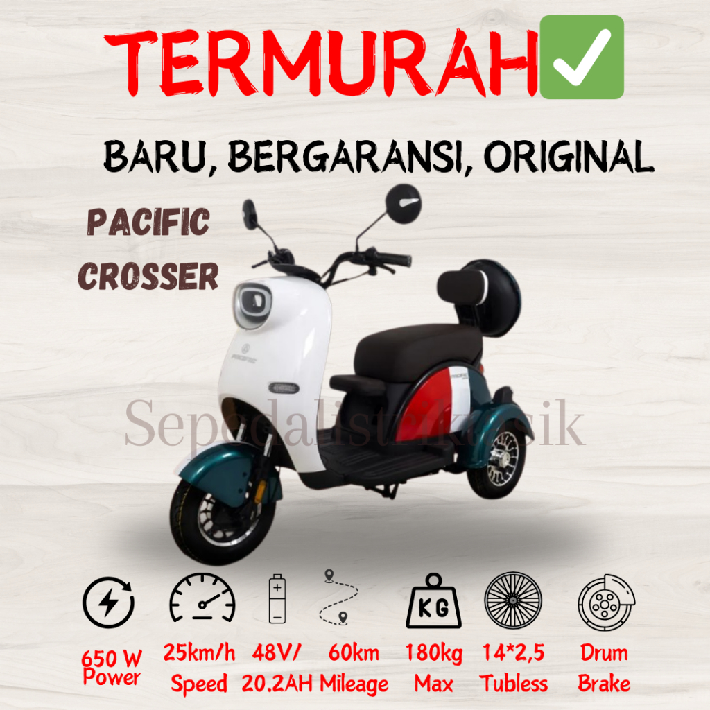 SEPEDA LISTRIK RODA TIGA PACIFIC CROSSER - ORIGINAL - GARANSI RESMI - SEPEDA LISTRIK MURAH