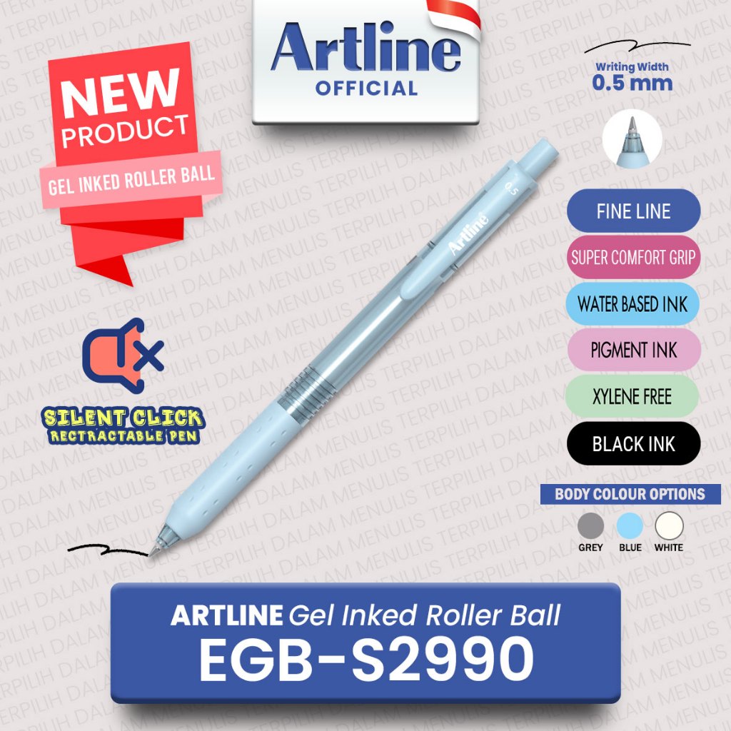 

ARTLINE Silent Click Retractable Pen EGB-S2990 / Gel Inked Roller Ball Super Comfort Grip 0.5 mm / Bolpoin Klik Senyap