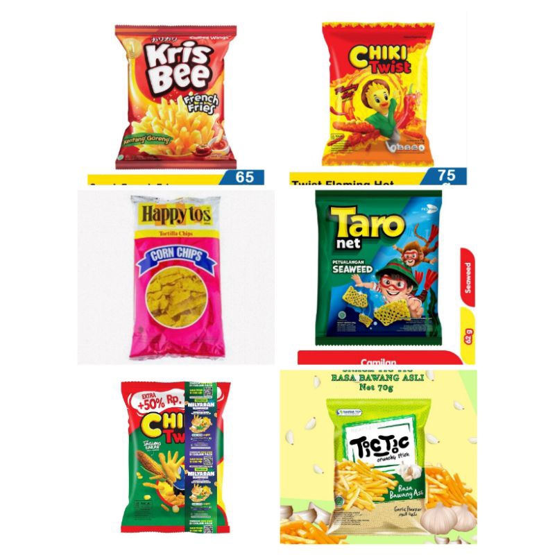 

ANEKA SNACK RENCENG HAPPY TOS/ CHITATO/QTELA/TWISKO DAN SNACK LAIN