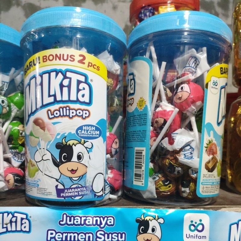 

Milkita lollipop permen susu tangkai aneka rasa coklat stroberi melon toples