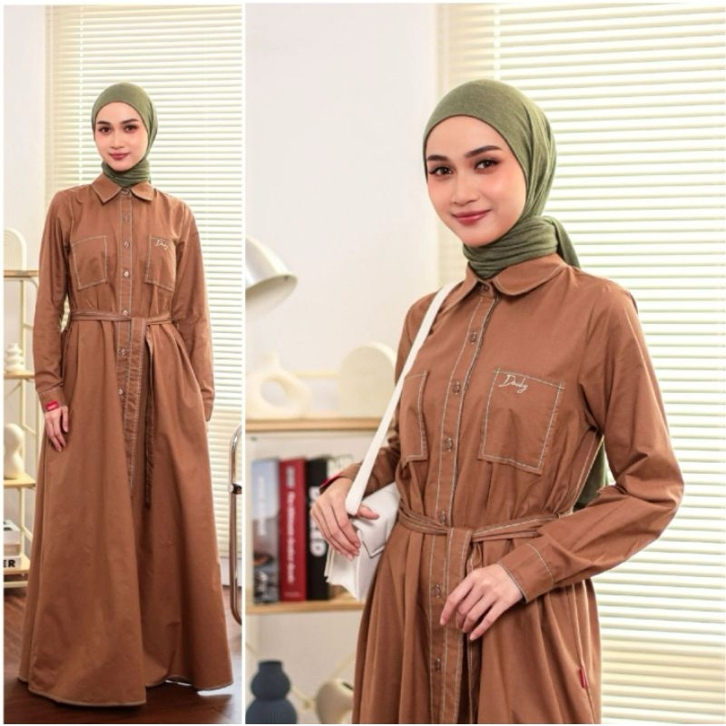 DAUKY L Dress Katun Pocket - Fashion Wanita Muslimah - Dress Tali Pinggang Full Kancing Bahan Katun