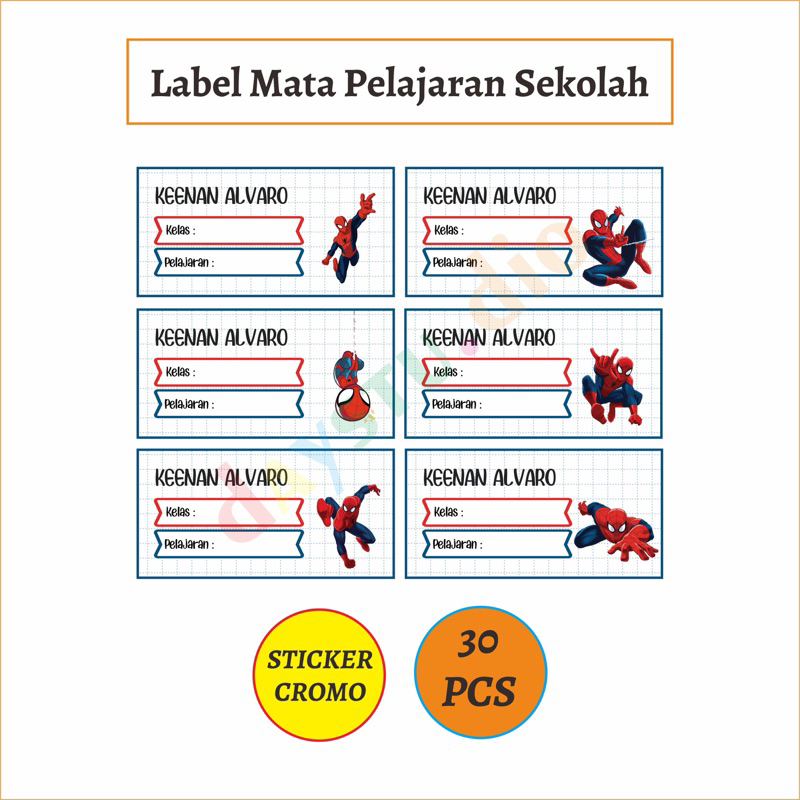 

30 PCS STICKER LABEL MATA PELAJARAN SEKOLAH ANAK TEMA SPIDERMAN