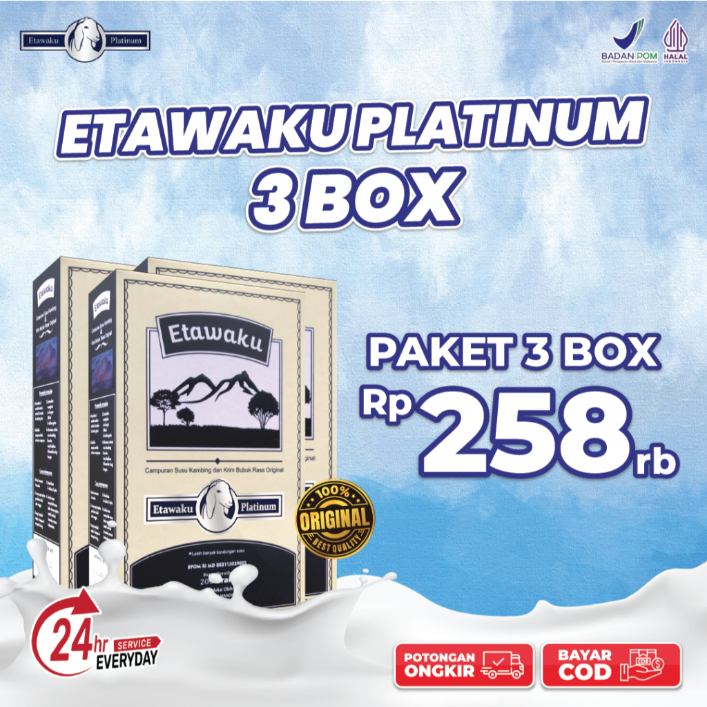 

Paket 3 Box Etawaku Platinum - Susu Kambing Etawa dan Krimer Nabati 100% Asli Original Untuk Atasi Nyeri Sendi Sesak Nafas Kesehatan Tulang dan Sendi Sehat Rendah Gula Teruji Klinis