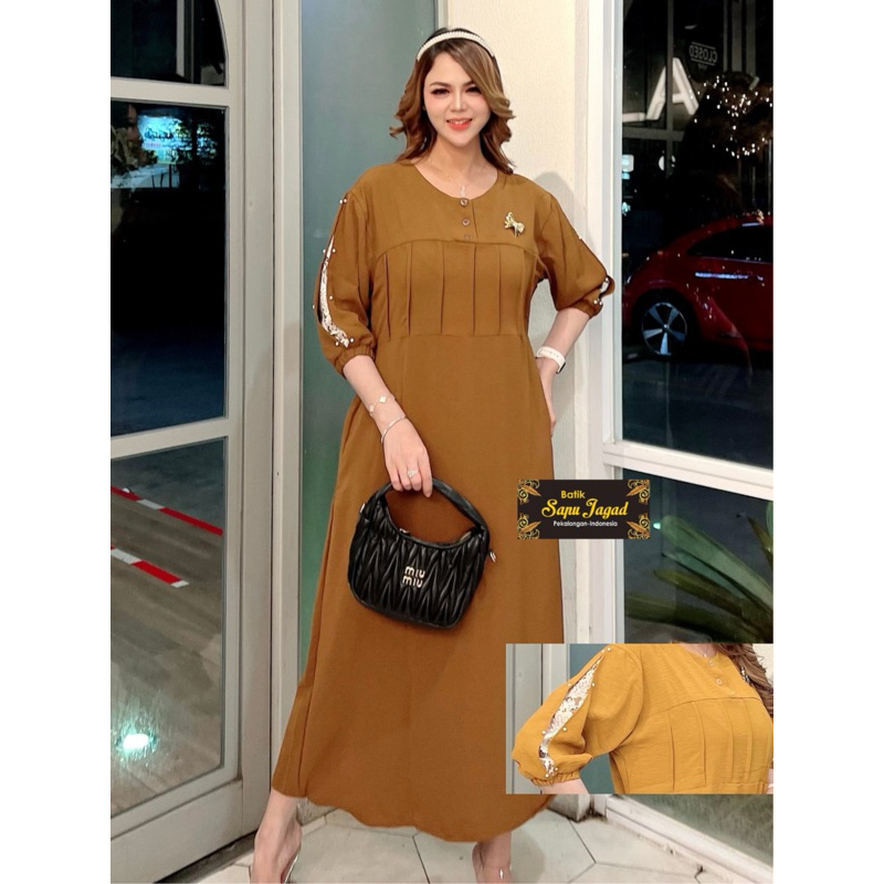 Gamis crinkle airflow terbaru lengan 3/4 kombinasi Brokat Midi dress kekinian daster kringkel busui 