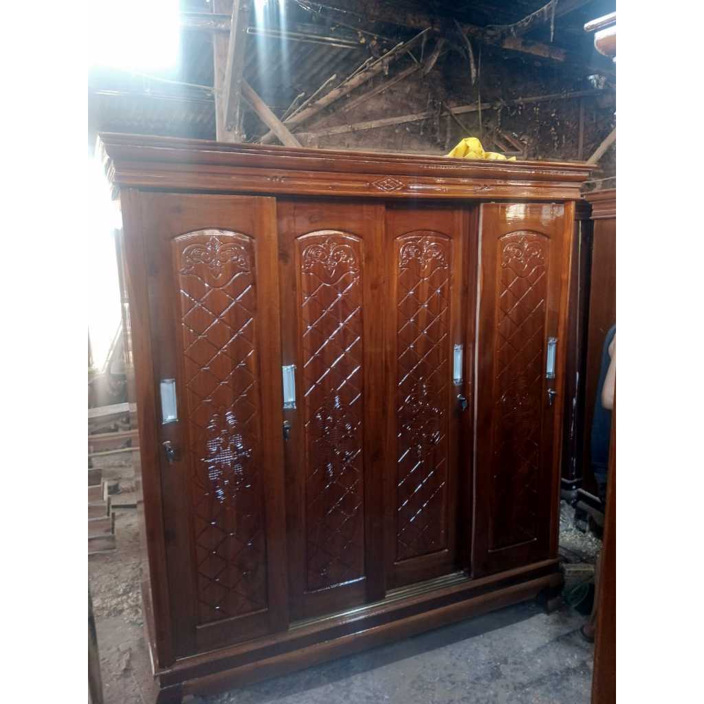 lemari pakain 4 pintu sliding full kayu jati asli