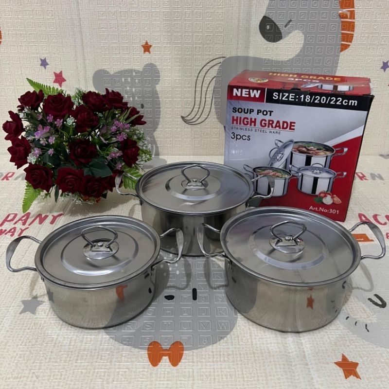Panci Rebus 3 Set / Panci Sup / Soup Pot / Panci Set Cookware Stainless Steel / Soup Pot Silver Deng