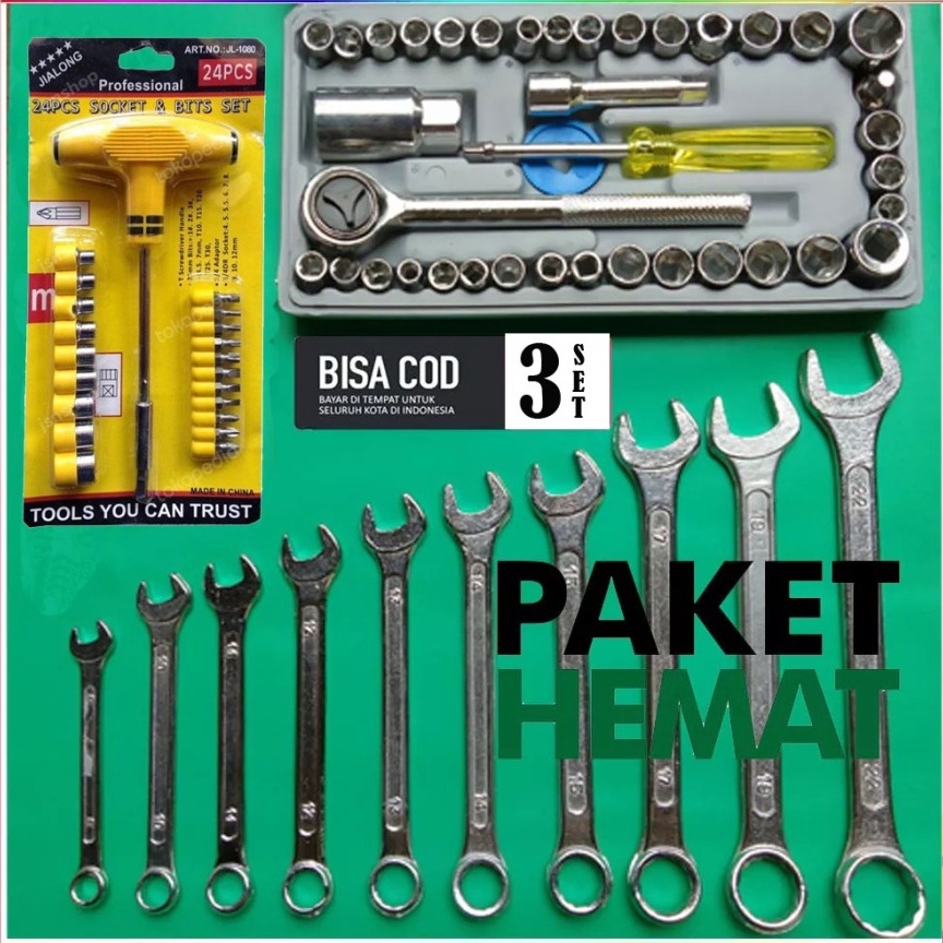 Super Surprise Paket Kunci shock 4 pcs  Obeng T set 24 pcs  Kunci ring pas 11 pcs diamond  Ready Cod
