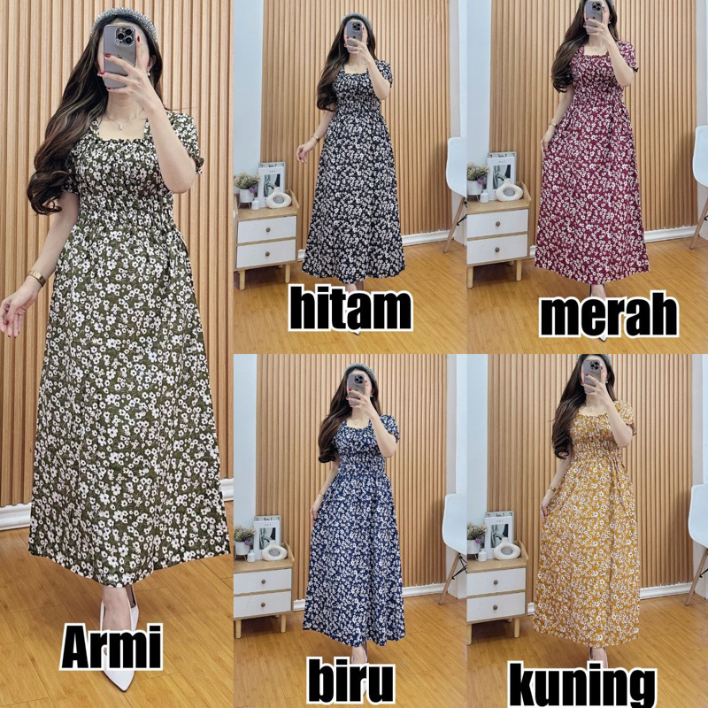 DRESS SMOKE KERUT BUNGA LONGDRESS BUNGA SMOKE