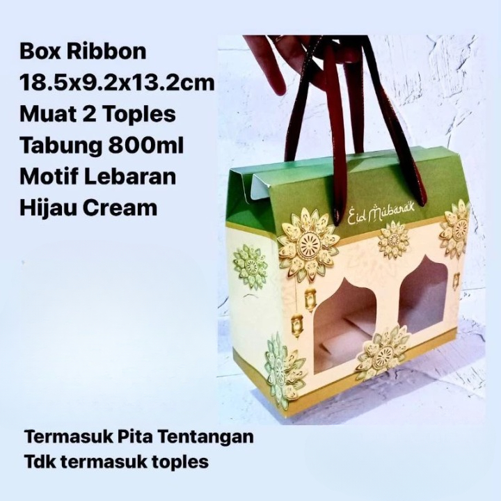 

1 Pack Isi 2 Pcs Box Hampers Lebaran Motif Hijau Cream Muat 2 Toples Box Ribbon Ukuran 18.5x9.2x13.2cm