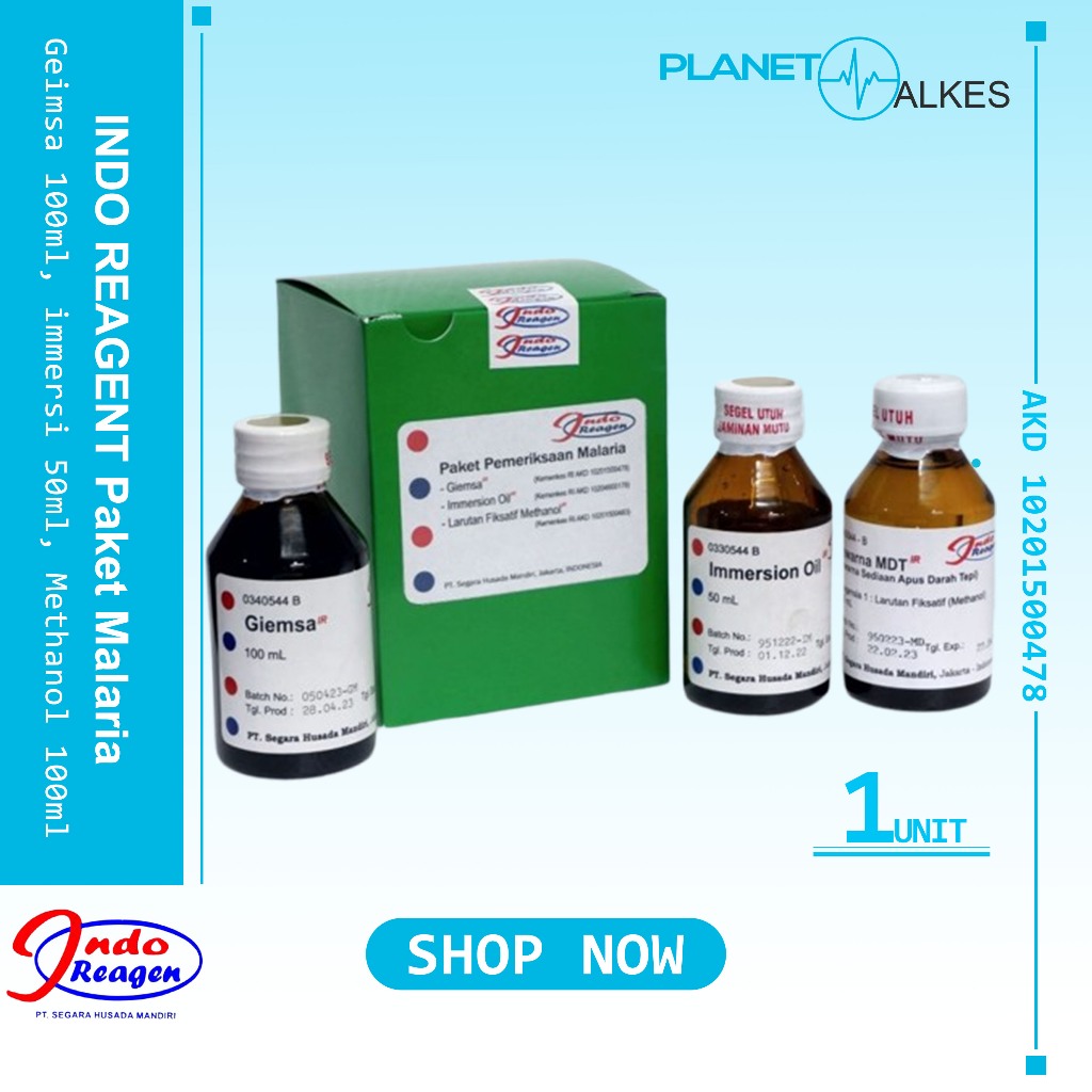 INDOREAGEN PAKET PEMERIKSAAN MALARIA (Giemsa 100ml, immersion oil 50ml, Methanol 100ml)