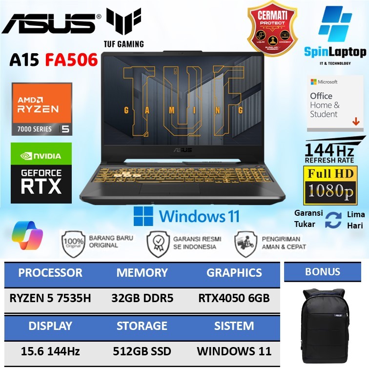 LAPTOP ASUS TUF A15 RYZEN 5 7535HS RTX4050 32GB RAM 512GB SSD WINDOWS 11 OHS 144HZ IPS