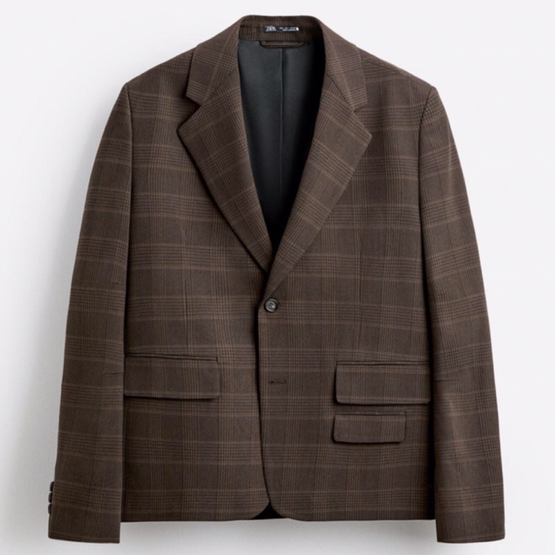ZARA Men Blazer Oversize Check Jas Pria Brown