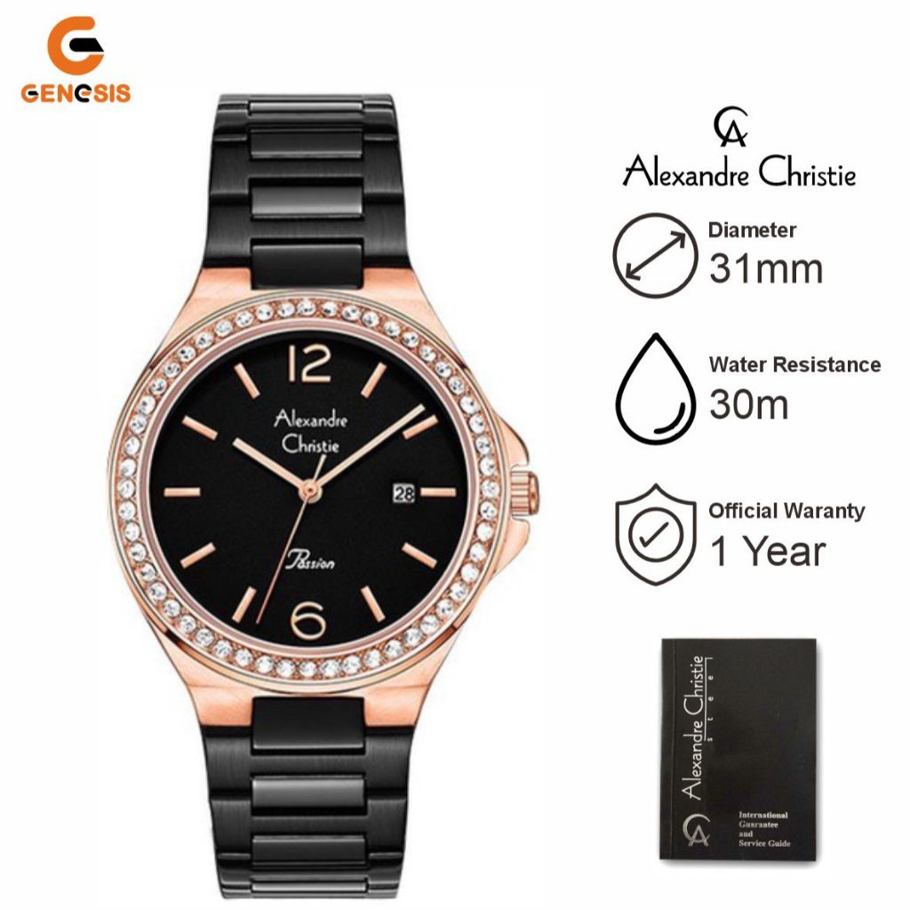 Jam Tangan Wanita Alexandre Christie AC 2981 LD BBRBA Analog Stainless Steel Black Gold
