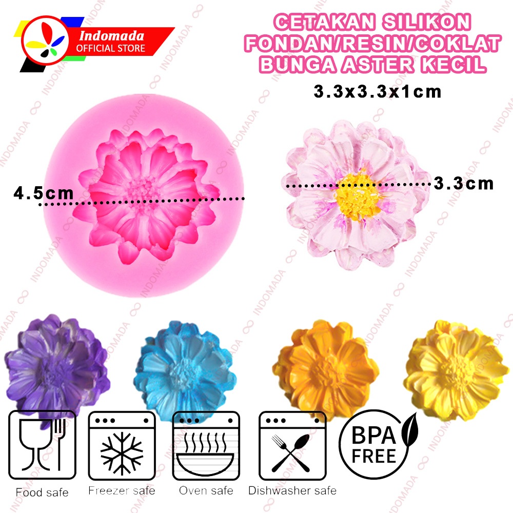 Indomada Cetakan Silikon Bunga Aster Kecil 3.3 x 1 cm Fondant Coklat Puding Permen Resin Epoksi Gyps