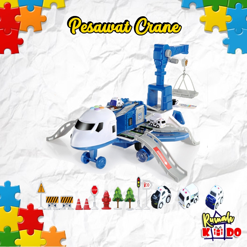 Mainan Anak Pesawat Crane  Lampu Musik Efek Suara Diescast + 3 Mobil  & Helikopter  Lampu Musik + 4 Mobil Metal