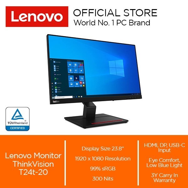 Lenovo ThinkVision T24T-20 Monitor 23.8" Touchscreen IPS Full HD