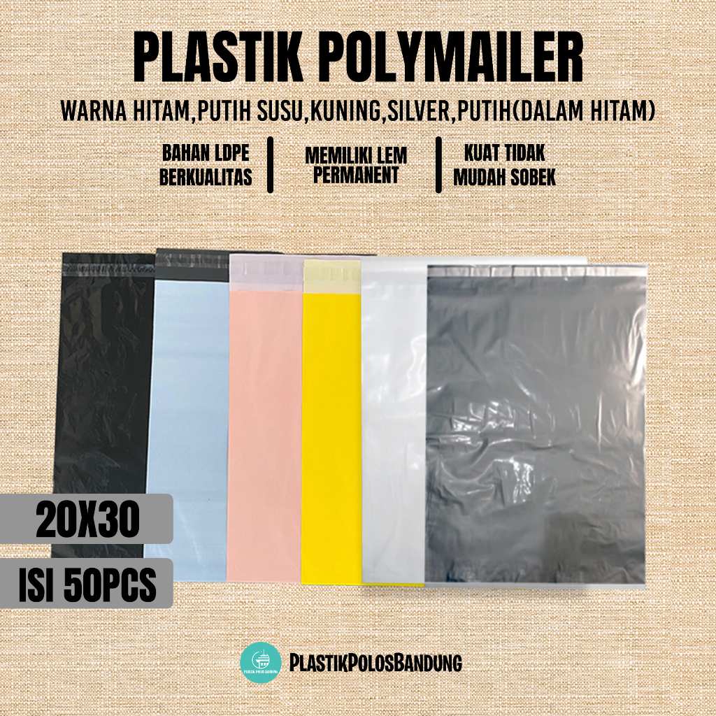 

Plastik Packing Polymailer Ukuran 20x30 cm Lem Permanen (Harga Per 1 Pack Isi 50pcs) Warna Hitam,Peach,putih,silver,Kuning,Putih Susu(Dalam Hitam)