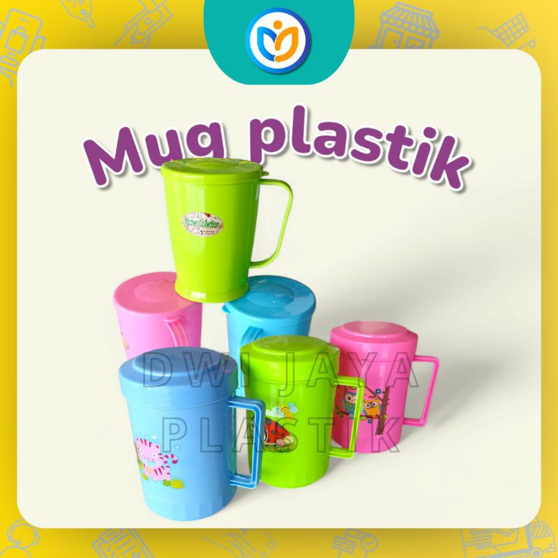 GELAS MUG PLASTIK GAMBAR KARAKTER - mug plastik aneka warna dilengkapi tutup