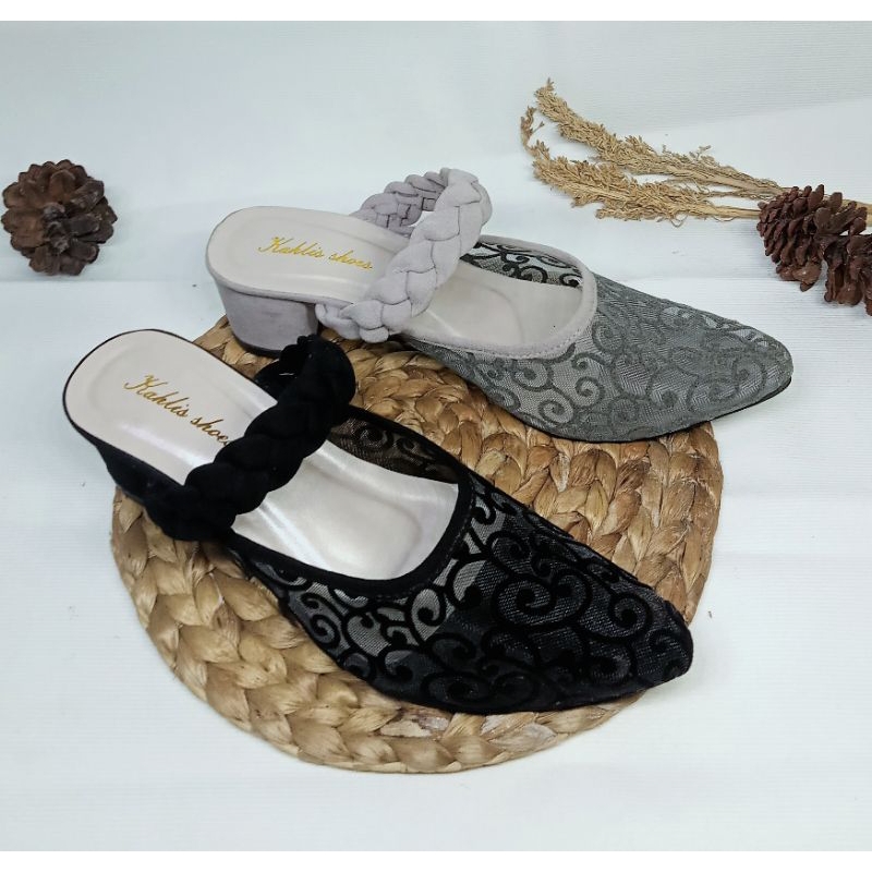 Sepatu heels wanita model tali kepang/sepatu heels hak 5 cm/Sepatu heels brukat/Sandal heels wanita 