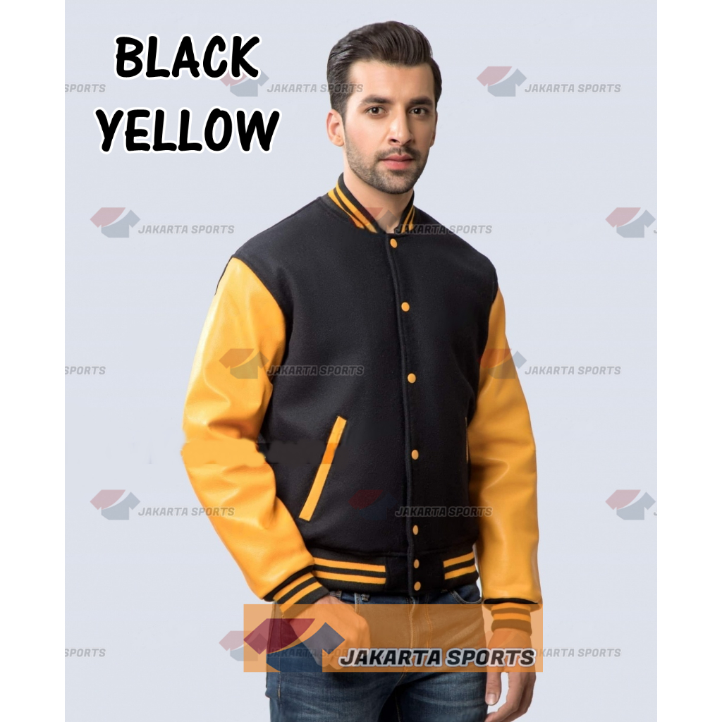 Varsity Snap BLACK And YELLOW Jaket Baseball Pria Wanita Bomber Jacket