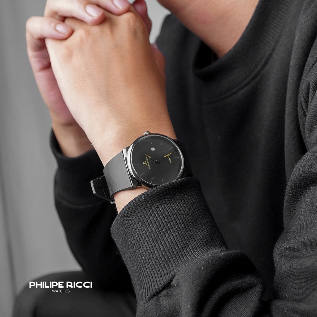 New Product Philipe Ricci Jam Tangan Pria Karet Hitam Simple Terbaru Ori Tipis Keren 7553 Men