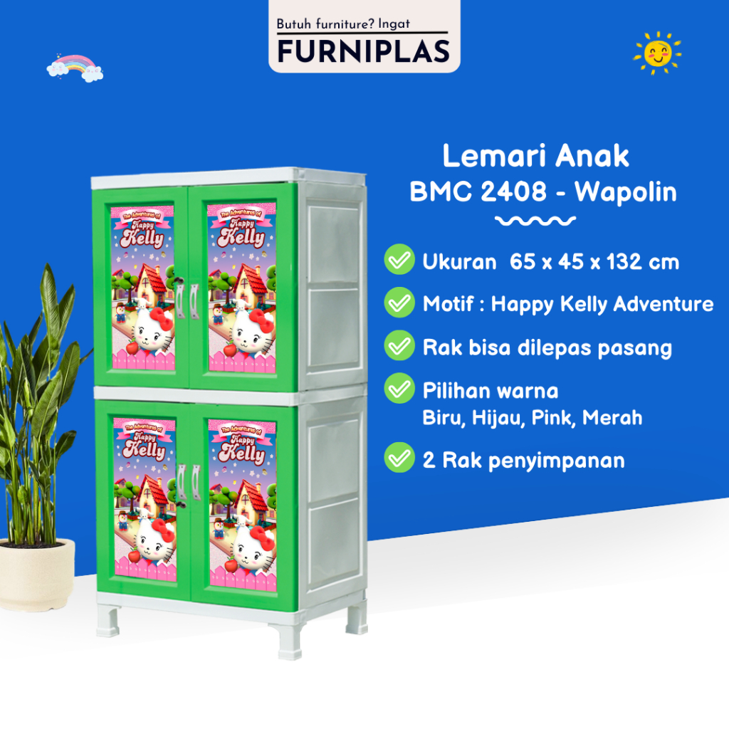 WAPOLIN Lemari Plastik Susun Anak Karakter Lemari Pakaian - Lemari Plastik 2 Susun - Asako BMC 2408