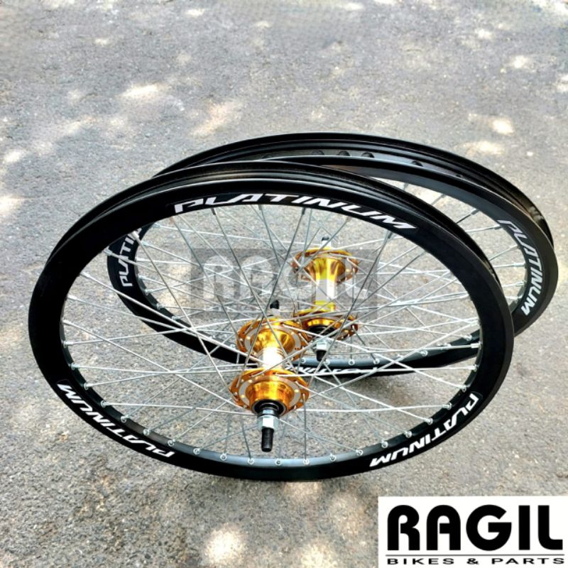WHEELSET SEPEDA 20 INCH PLATINUM CINCIN MATA IKAN VELG RIM RIMS HUB FREEHUB JARI JARI RODA JADI DEPA