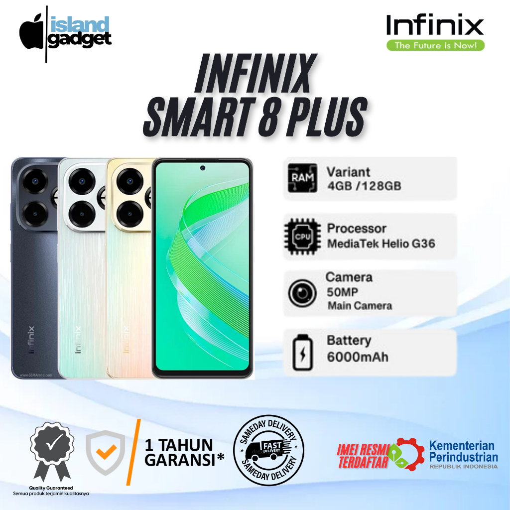 Infinix Smart 8 Plus 4/128GB, Up to 8GB RAM - 6.6" Magic Ring Mediatek Helio G36 6000 mAh | Garansi 